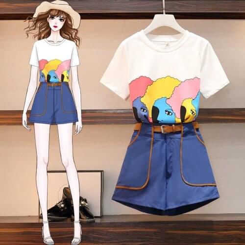 2021 Summer Women two piece set Shorts suits cotton tshirt women tops + High Waist Denim Shorts set