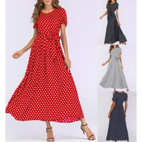 Women Polka Dot Bandage Maxi Dress Oversize Fashion O-Neck Short Sleeve Party Dress Female Bohemian Beach Long Dress vestidos XL