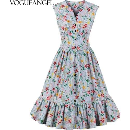Single Breasted V Neck Floral Print Summer Clothes for Women Elegant Sleeveless High Waist Vintage Pleated Retro Ruffles Dress