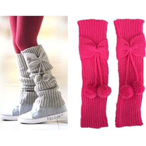 Winter Kids Girls Bowknot Leg Warmers Knitted Pompom Leg Sleeves Fashion Foot Cover Childrens Knee Pad