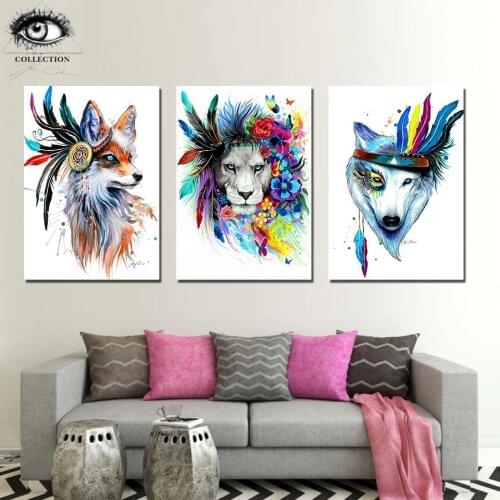 King of Animals by Pixie Cold Art HD print 1 piece canvas art Fox Lion and wolf Poster abstract Wall Pictures For Living Room