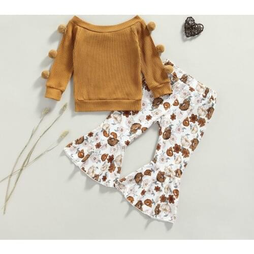 Toddler Girls Autumn Winter Clothes Set Casual Long Sleeve Hairball Pullover Tops + Floral Flare Trousers 2pcs