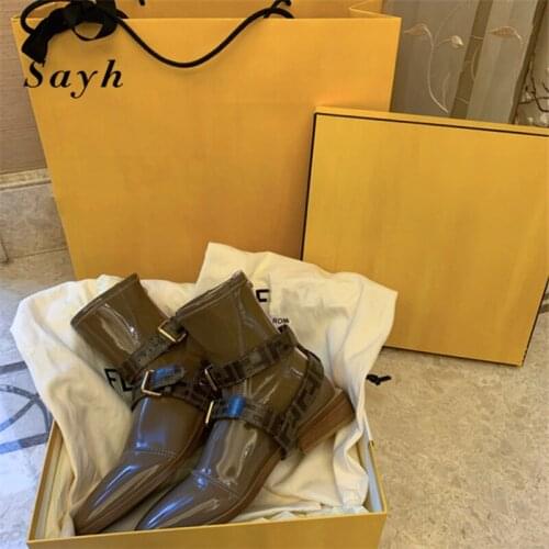 2020 Brand Women Ankle Boots Buckle Patent Leather Thick Sole Motorcycle Boots Women Round Toe Winter Platform Short Botas