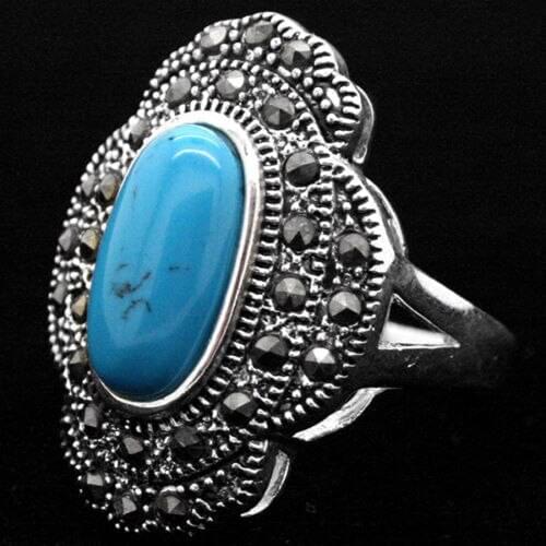 24*16mm Vintage Style Blue Natural Turquoise 925 Silver Marcasite Ring Size 7/8/9/10