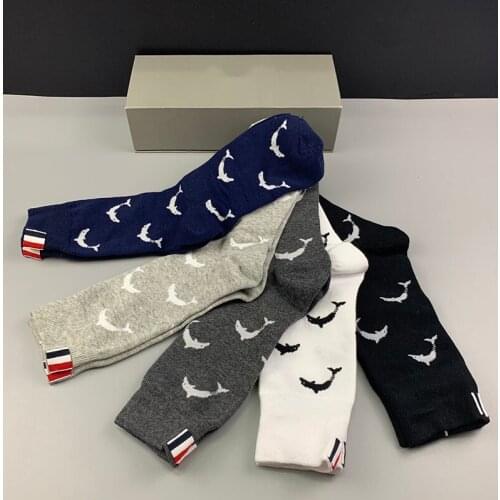 2021 Fashion TB Brand Socks Men Women Cotton Striped Casual Crew Socks Hip Hop Dolphin pattern Medium Socks Ins 5 Pairs