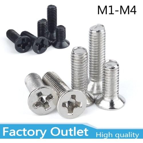 50pcs M1 M1.2 M1.4 M1.6 M2 M2.5 M3 M4 Mini Micro Small Black 304 Stainless steel Cross Phillips Flat Countersunk Head Screw Bolt