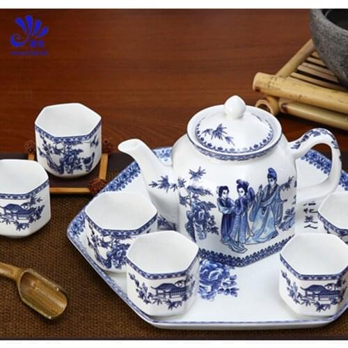 8 pieces Blue and White Porcelain Teaware Set Tangshan Ceramic Glaze with Tea Plate in the West Chamber
