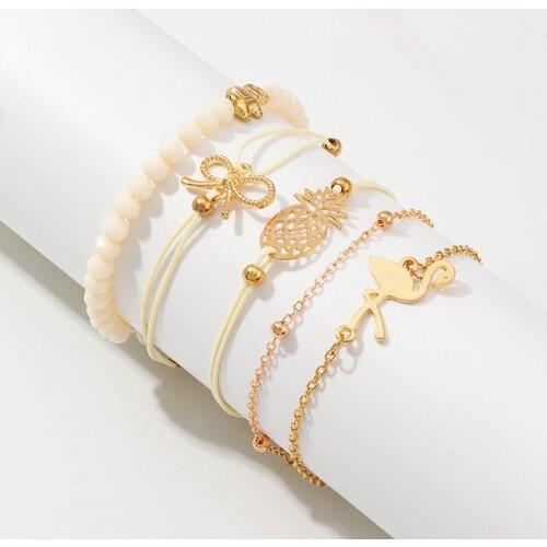 Gold Color Pineapple Bow Flamingo Chain Link Bracelet Set Fashion Summer Beach Casual Rolo Chain Wrap Bracelet Set Pulsera Mujer