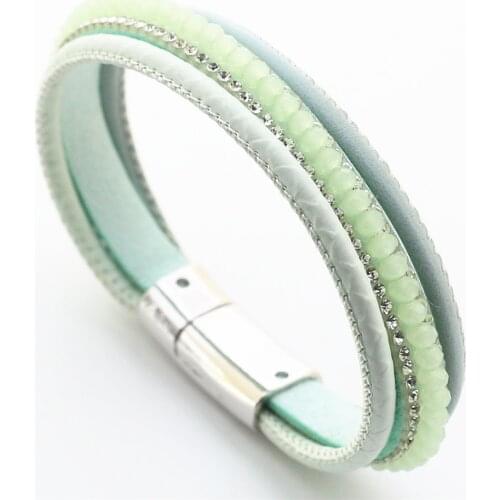 Green Beaded Rhineston Multilayer Chain Handmade Leather Bracelets Women Fashion Girls Bangle Female Jewelry New Unique Design