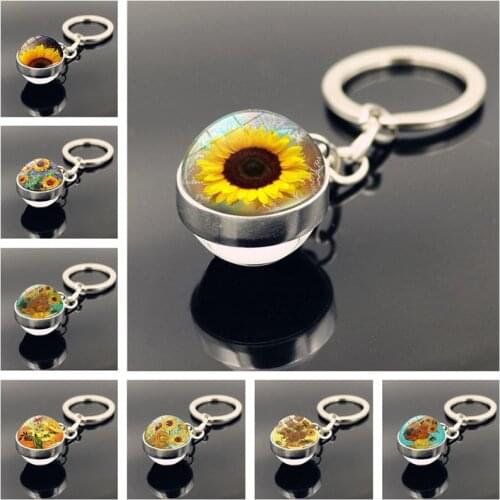 Harajuku Style Keychain Jewelry with Silver Color Sunflower Pattern Double Side Glass Ball Keychain for Men