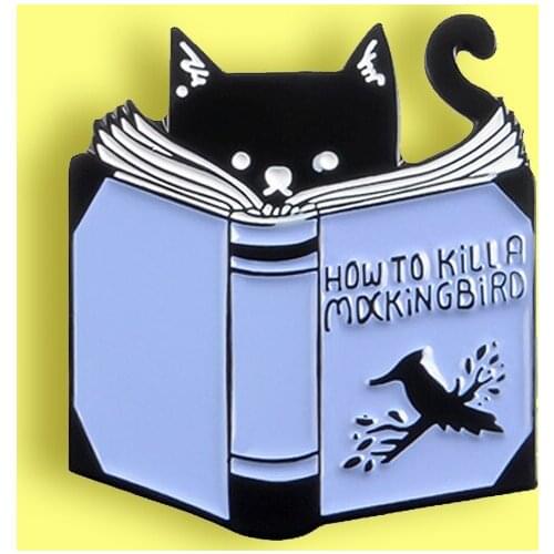 How to Kill A Mdcking Bird Reading book Cat Enamel Pin Brooch Black cat Book Brooches Clothes Lapel Pins Badge Jewelry Gift