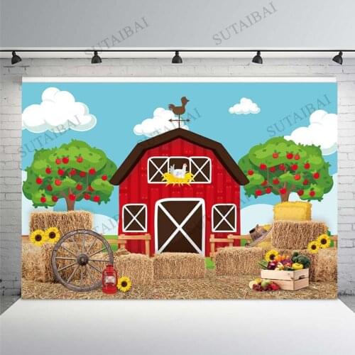 Farm Photography Backdrops Red Barn Haystack Animal Vegetables Decor Chirld Baby Birthday Background PhotoStudio Booth Photocall