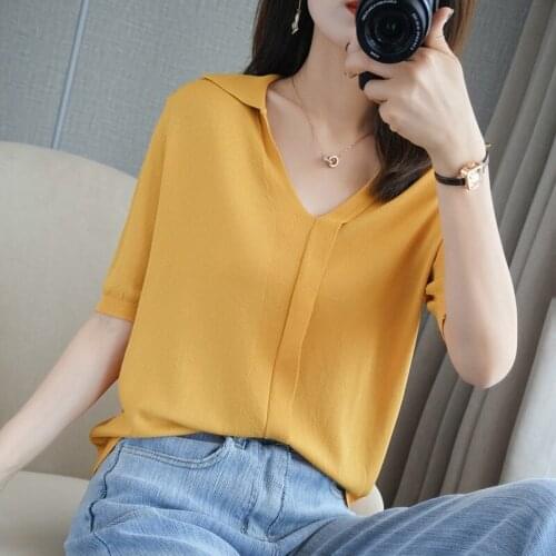 T-shirt womens 2021 pure cotton ladies blouse oversized casual turn-down collar knit pullover short sleeves plus size solid col