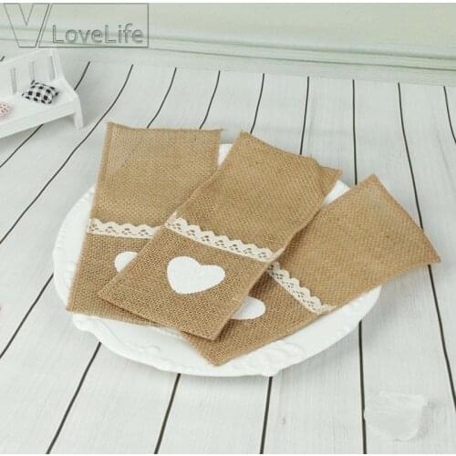 10pcs Jute Tableware Pouch 11cm x 21cm Pocket Burlap Lace Knife and Fork Bag For Rustic Wedding Decoration Two Styles