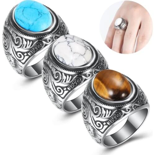 Natural Gemstone Rings Vintage Onyx Turquoise Tiger Eye Ring Non-fading Titanium Stainless Steel with for Men Party Jewelry