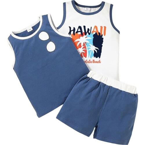 New 3Pcs Summer Little Boys Outfit Toddlers Round Collar Coconut Tree Letter Tops + Glasses Sleeveless Vest + Shorts Set