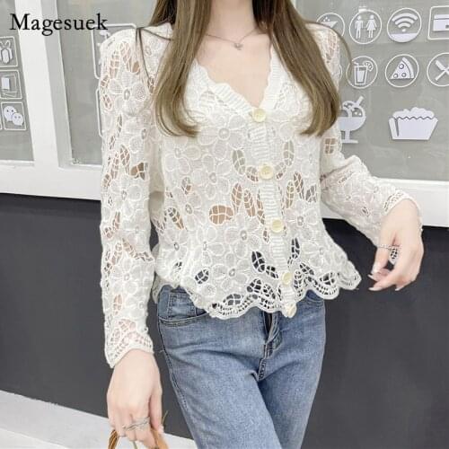 New Hollow Out Crocheted Floral Women Blouse 2021 Sexy V-neck Cardigan Lace Tops Summer Long Sleeve Shirts Mujer Clothes 14460