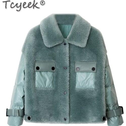 Tcyeek Winter 100% Real Sheep Shearling Fur Coat Women 2021 Short Wool Coat Female White Goose Down Jacket manteau Femme Gxy220
