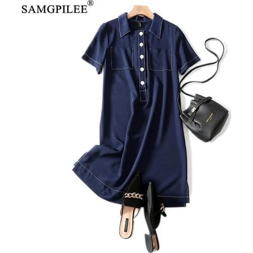 Women Summer Casual Dresses A-line Solid Short Sleeve Elegant Dress Pockets Knee-length Empire Polo Dress Plus Size Women Vadim
