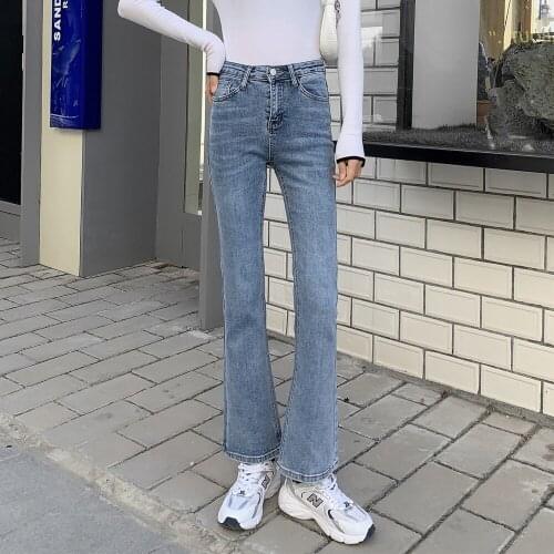 Blue Women Casual Flared Jeans Pure Cotton Light Color Slim Slimming Lady Denim Trousers 2021 Spring Female Denim Flared Pants