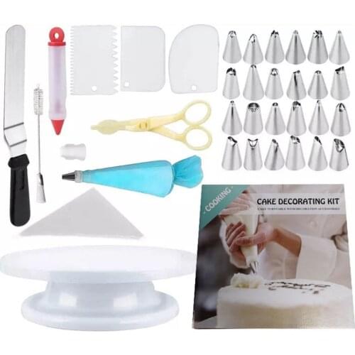 Cake Stand Turntable Rotating Base Cake Decorating Cream Scrapers+Reusable Bag Cakes Rotary Turntable Tools