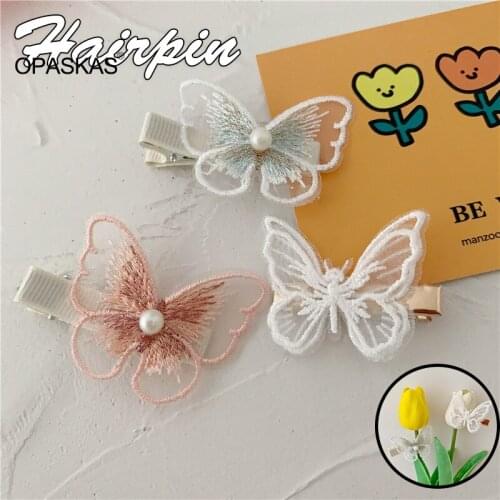 Butterfly Shaped Hairpin for Girls Embroidery Lace Hair Side Clip with Bead Decor Hair Accessories for Women PT