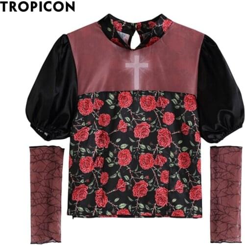 TROPICON Puff Sleeve Mesh Cheongsam Top Summer 2021 Rose Floral Print Blouse Crop Top Women Patchwork Ladies Fashion Top