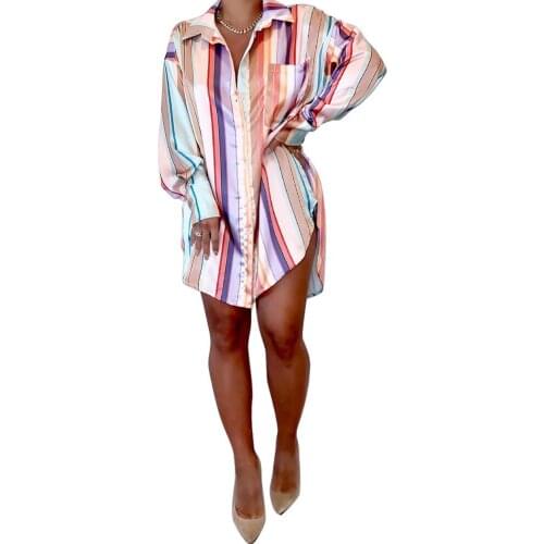 Chemise Femme Autumn Fashion Design Temperament Commuter Cardigan Pink Striped Slim Shirt Dress Long Sleeve Blouses Mini Dress