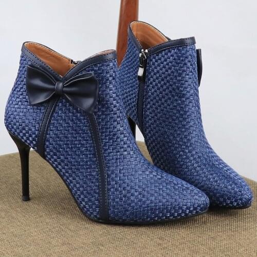 Womens Boots Butterfly-knot Weave High Heeled Booties Woman 2021 Pointed Toe Thin Heels Ankle Botas Fashion Zipper Boot Black