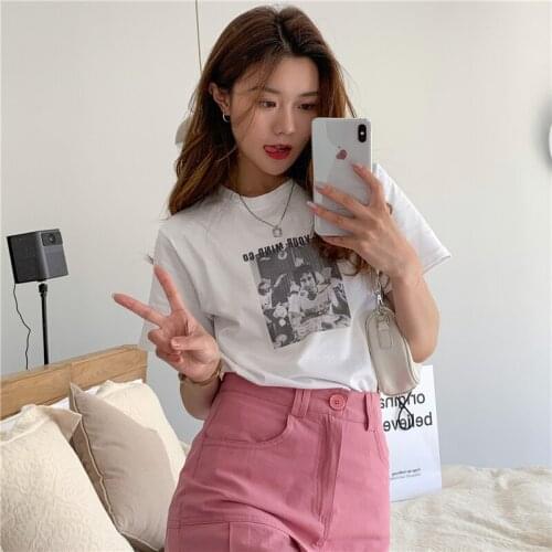 Female Korean Harajuku Retro Letter Print Loose Tshirt Womens T-shirts Tops Japanese Kawaii Ladies Ulzzang Clothes For Women