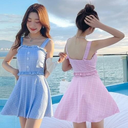 Korea Style Retro Plaid Halter One-piece Swimsuit Sexy Deep V-neck Women Monokini 2021 Girls Beach Bathing Suit Swimwear