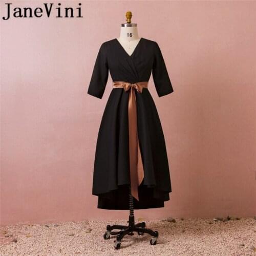JaneVini 2018 Black High Low Mother of Bride Dress With Sleeves Simple V Neck Pleat Zipper Back Ribbon Sashes Long Evening Gowns