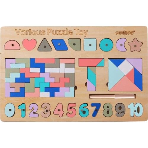 5 In 1 Wooden Puzzle Toys Montessori Toy For Intelligence Development Tangram Shape Magnetic Fishing Game Early Education Toy