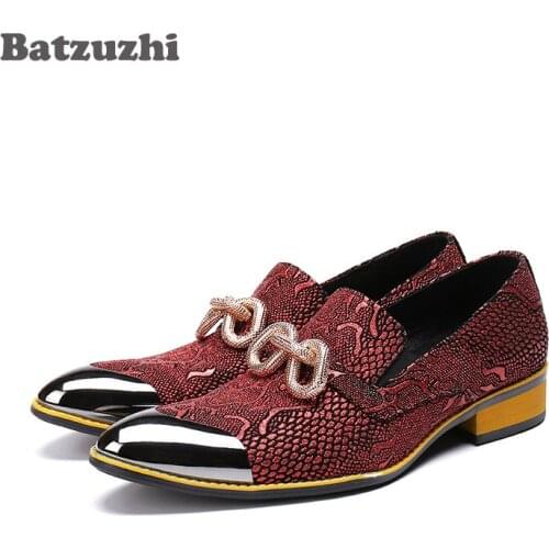 Batzuzhi Italian Style Fashion Mens Shoes Sapato Masculino Pointed Metal Tip Leather Shoes Men Wine Red Wedding Shoes Men Party