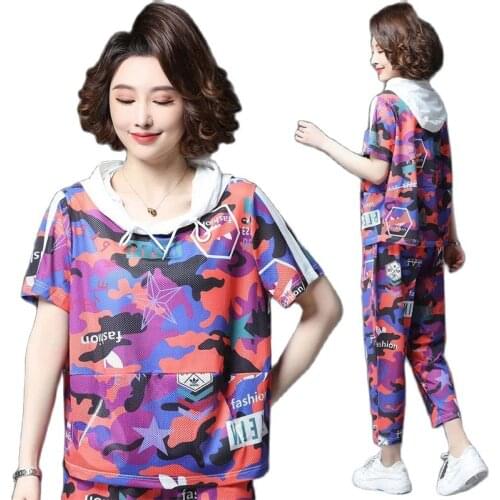 Camouflage Age Reduction Two-Piece Sports Short-Sleeved Quick-Drying Mesh T-Shirt 2021 Summer New Fashion Camouflage Suit Women