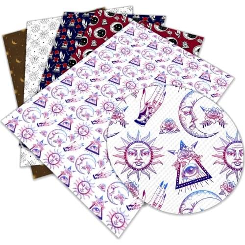 Aesthetic the Moon Cartoon Printed Faux Leather Sheets Lychee Bottom Synthetic Fabric for DIY Hair Bows Earrings Craft 22*30cm