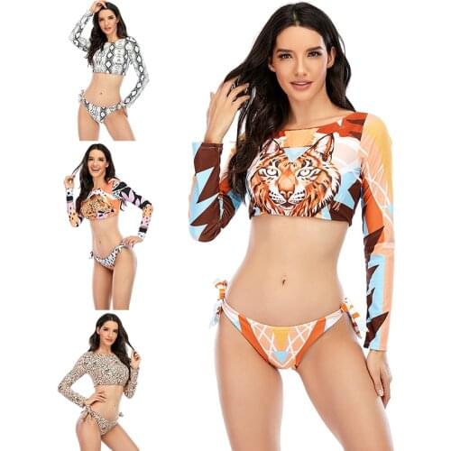 New Leopard Print Bikini Long Sleeve Sunblock Swimsuit Banding Swimsuit Separate Bikini Tiger, Snake and Leopard Cartoon Pattern