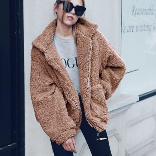 Fall/winter 2020 new plush loose coat Solid color Zipper Turn-down Collar pocket Long Sleeve Warm Thick Jacket Overcoat wm