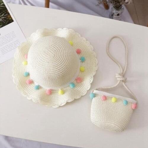 2020 Children Beach Sun Hats Summer Panama Girls Straw Weave Pompoms Hat UV Protection Large Brim Holiday Casquette Rolling Hats