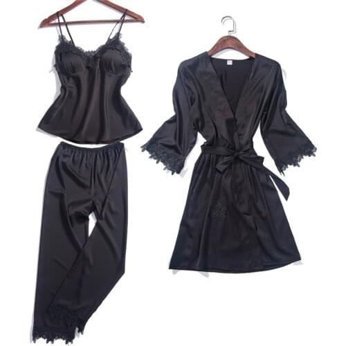 Women Pajamas Sexy Lace Pyjama 3pcs Set Lingerie Robe Pants for Women Chest Pad Nightwear 2018 Autumn New Sleepwear Black XXL