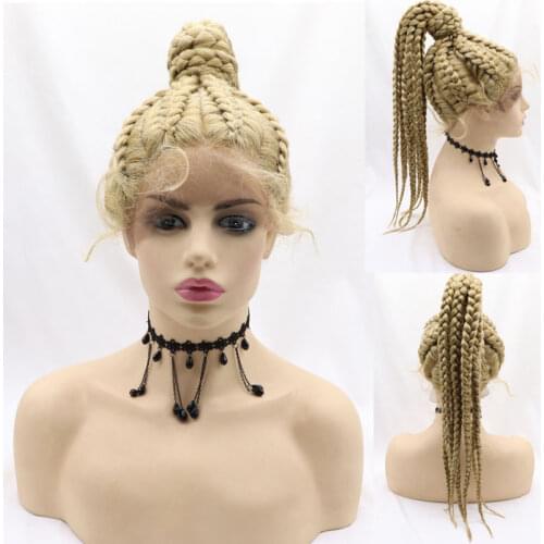 30 inch Braided Wigs with Baby Hair Blonde Brown Gray Mix 5 Box Braid Synthetic Lace Front Wig for Black Women Hand Twisted Wig