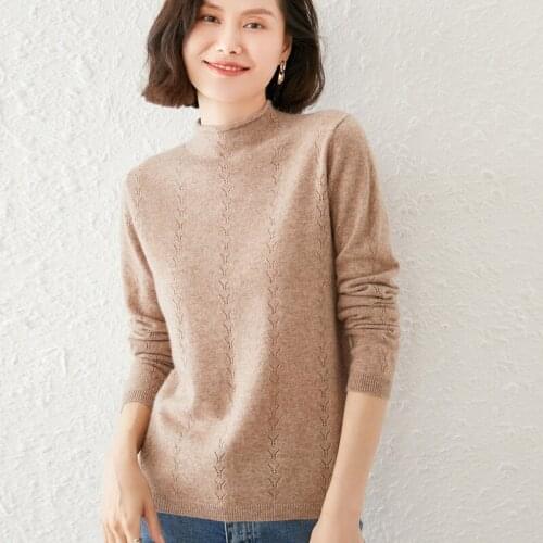 Half Turtleneck Pullover Womens 100%Pure Wool Hollow Fashion Top 2021 New Female Base Knit Cashmere Sweater Autumn Winter Wild