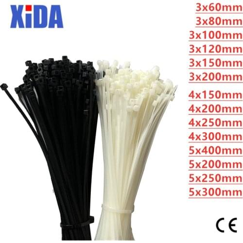 Self-Locking Plastic Nylon Wire Cable Zip Ties 100pcs White Cable Ties Fasten Loop Cable Various specifications