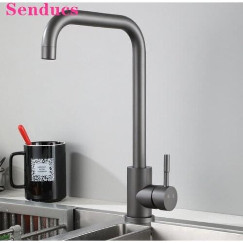 Gray Kitchen Faucets Senducs Single Handle Hot Cold Kitchen Mixer Tap Quality SUS304 Leadfree Grey Kitchen Mixer Faucet