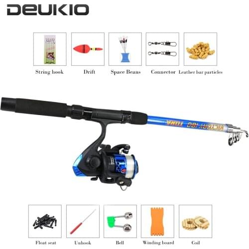 DEUKIO Telescopic Spinning Reel Combo 1.8m Fishing Pole Rod Reel Line Lure Hook Swivel Connectors Alarm Kit Fishing Tackle Set