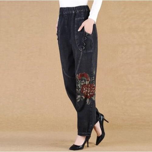 Middle-Aged Elderly Embroidered Long Jeans Female Bloomers Plus Size Cowboy Pants Spring Autumn New Womens Radish Denim Pants