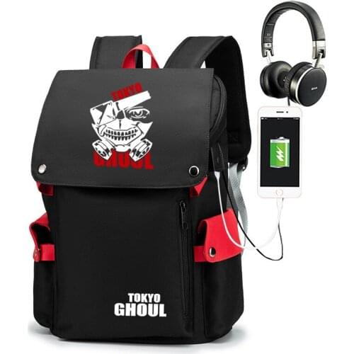 Tokyo Ghoul Kaneki Ken USB Port Book Bag Backpack Zipper Rucksack Anime Student School Computer Bag Travel Mochila