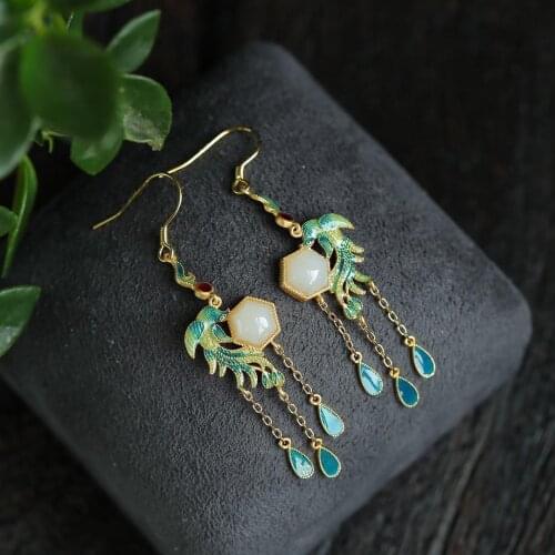 Vintage Earrings Classical Chinese Style Chinese Style Sterling Silver Gilding Enamel Phoenix Earrings Natural Hetian Jade Earri