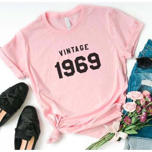 Vintage 1969 Tshirt Fashion Letter 100%Cotton Women 52th Birthday Gift T-shirt Short Sleeve Top Tees Plus Size Round Neck Shirt
