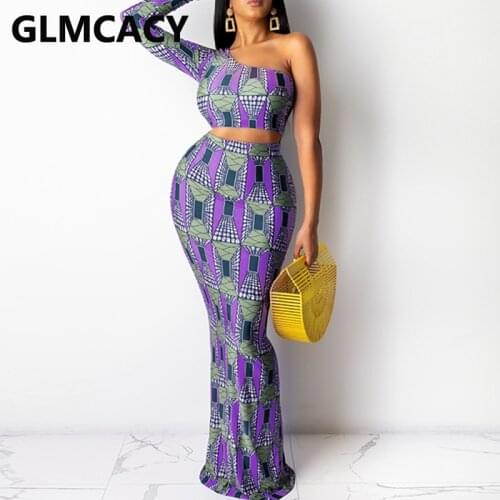 Two Pieces Sets Women One Shoulder Long Sleeve Top & Bodycon Maxi Skirts